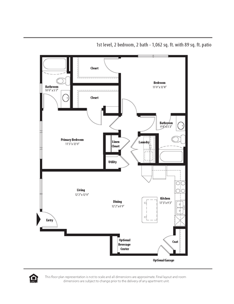 Floor plan for 2 beds, 2 baths, 1086 sqft
